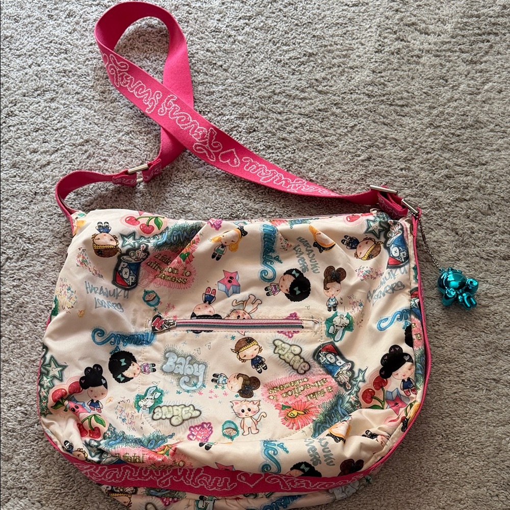 Harajuku Lovers Cream Crossbody Bag with Pink Strap and Multicolor Print